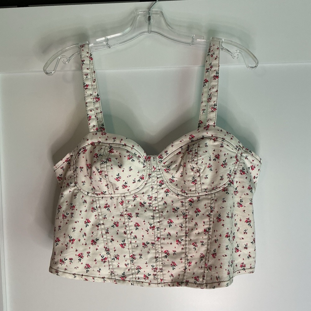 No Boundaries Crop Top XL 15-17‎ Ivory Pink Floral Corset Sleeveless Coquette